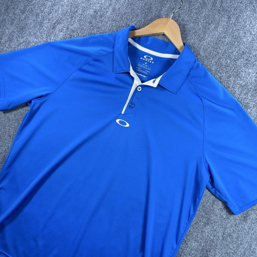Oakley Polo Shirt Mens XL Blue Logo Comfort Golf Performance‎ Stretch #AB763